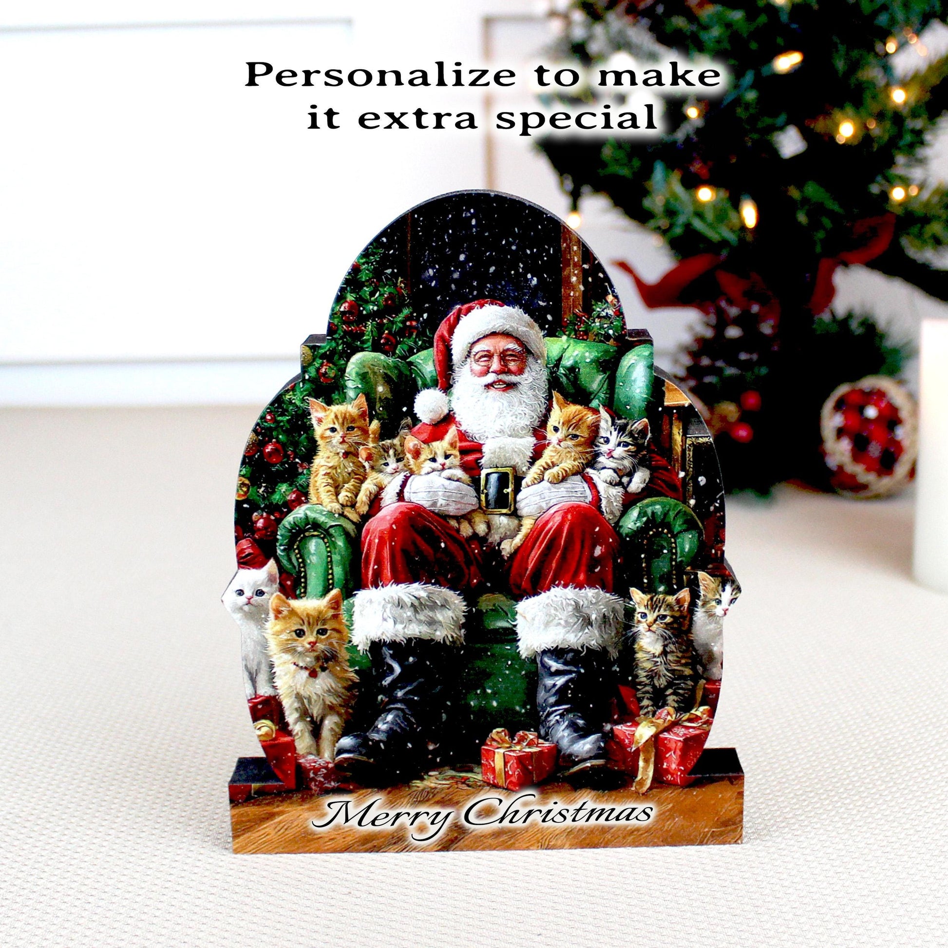Cat-Loving Santa Shelf Sitter – Personalized Wooden Christmas Decor, 3 Designs – Wooden Mantel Decorations