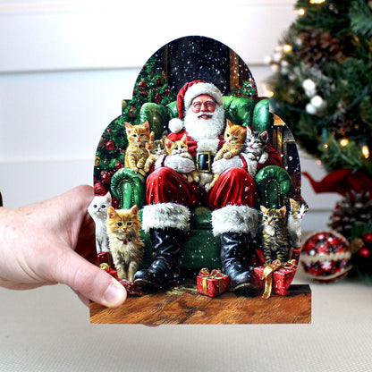 Cat-Loving Santa Shelf Sitter – Personalized Wooden Christmas Decor, 3 Designs – Wooden Mantel Decorations