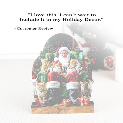 Cat-Loving Santa Shelf Sitter – Personalized Wooden Christmas Decor, 3 Designs – Wooden Mantel Decorations
