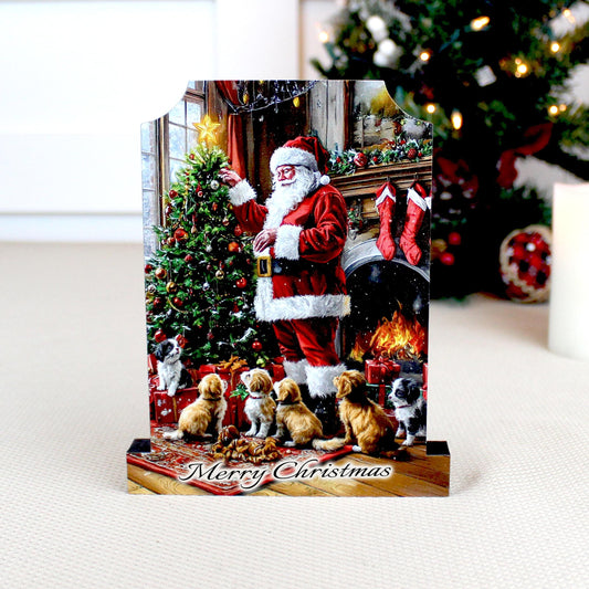 Dog-Loving Santa Shelf Sitter – Personalized Wooden Christmas Mantel Decor, 3 Design Options
