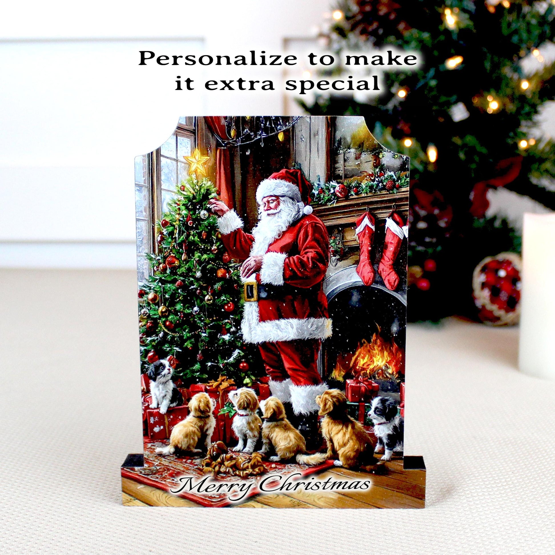 Dog-Loving Santa Shelf Sitter – Personalized Wooden Christmas Mantel Decor, 3 Design Options