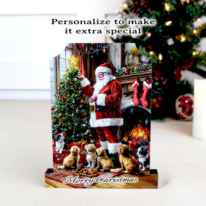 Dog-Loving Santa Shelf Sitter – Personalized Wooden Christmas Mantel Decor, 3 Design Options