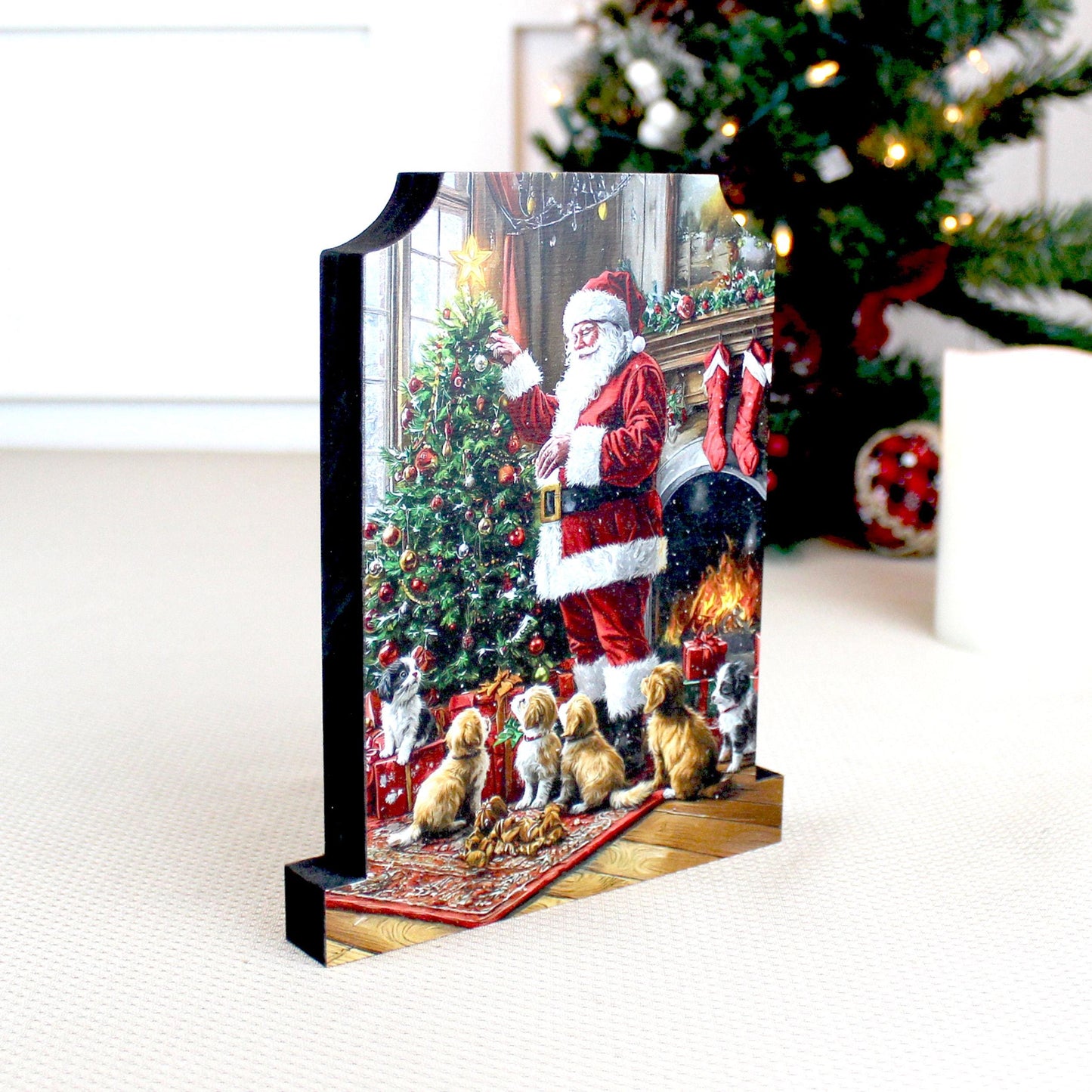 Dog-Loving Santa Shelf Sitter – Personalized Wooden Christmas Mantel Decor, 3 Design Options