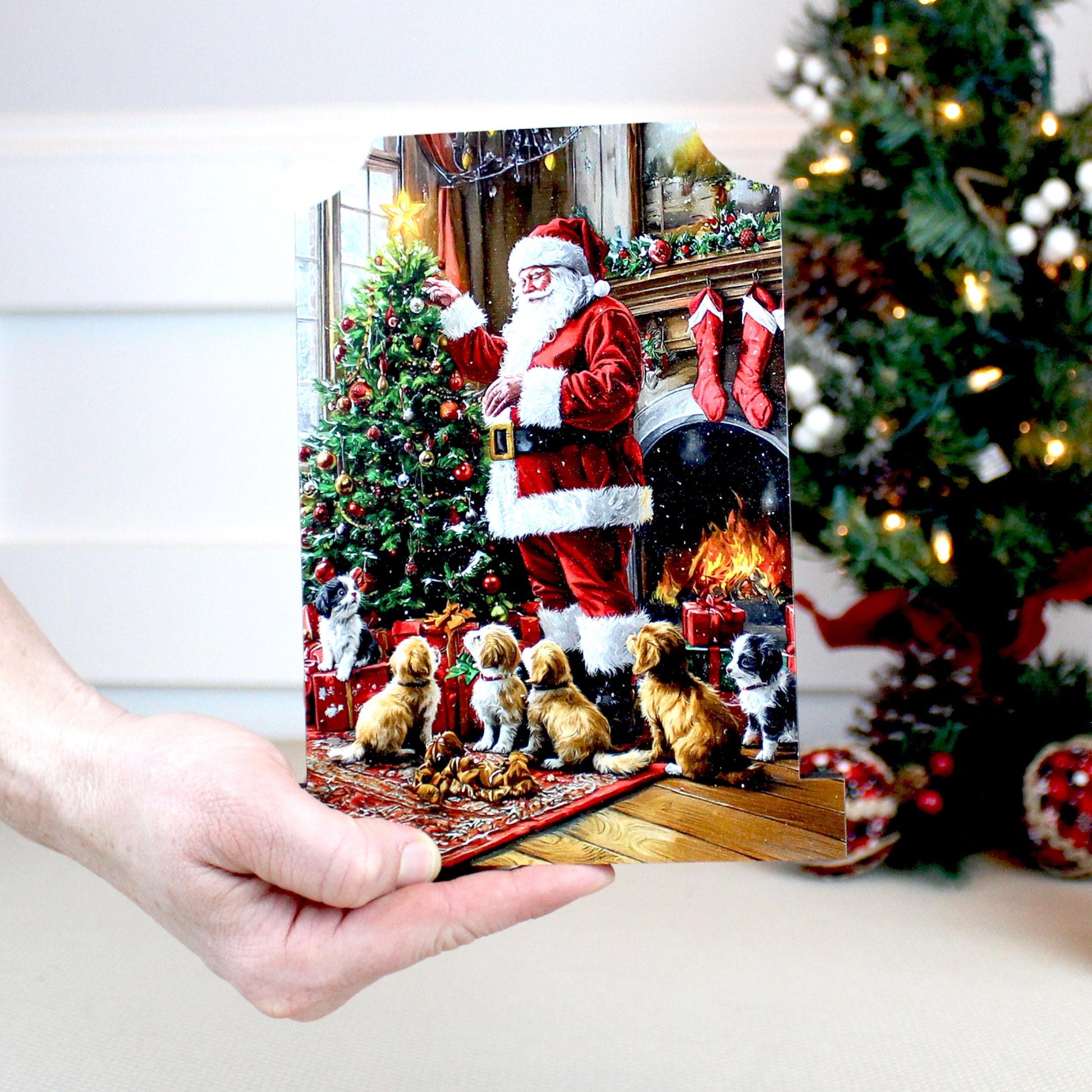 Dog-Loving Santa Shelf Sitter – Personalized Wooden Christmas Mantel Decor, 3 Design Options