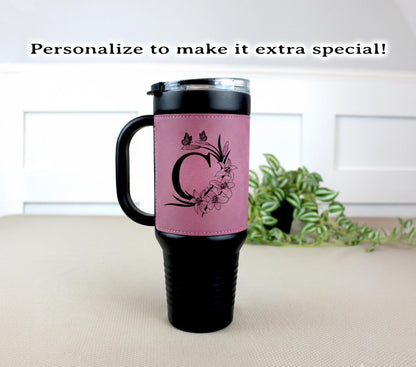 40 oz Engraved Floral Monogram Coffee Travel Mug, Personalized Leatherette Wrapped Tumbler, Custom Stainless Steel Mug With Handle & Straw