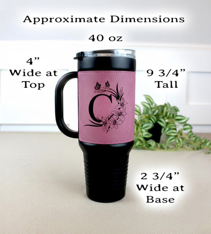 40 oz Engraved Floral Monogram Coffee Travel Mug, Personalized Leatherette Wrapped Tumbler, Custom Stainless Steel Mug With Handle & Straw