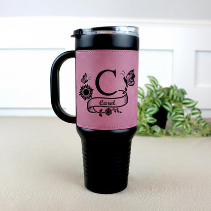 40 oz Engraved Floral Monogram Coffee Travel Mug, Personalized Leatherette Wrapped Tumbler, Custom Stainless Steel Mug With Handle & Straw