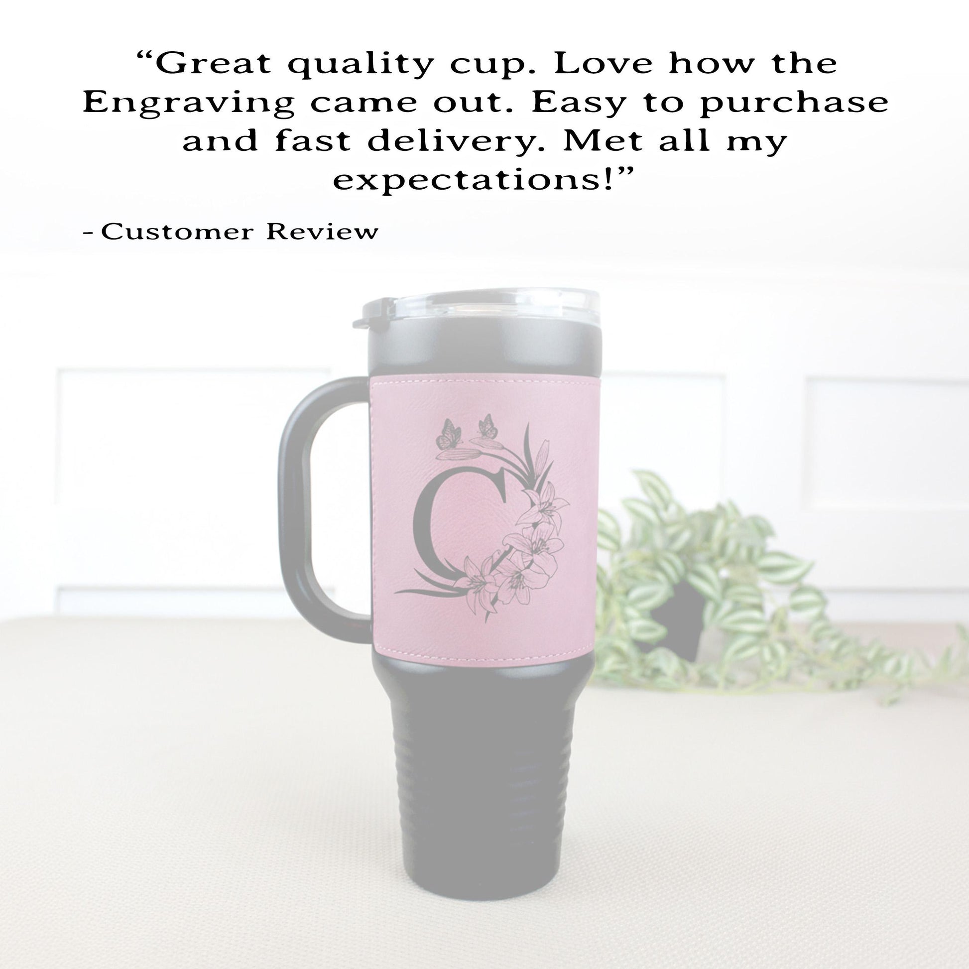 40 oz Engraved Floral Monogram Coffee Travel Mug, Personalized Leatherette Wrapped Tumbler, Custom Stainless Steel Mug With Handle & Straw