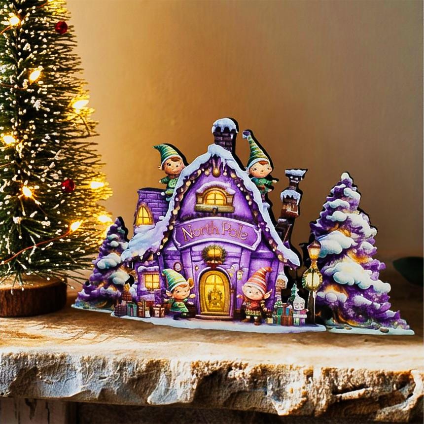 Personalized Purple North Pole Workshop Shelf Sitter: Wooden Christmas Village Decor