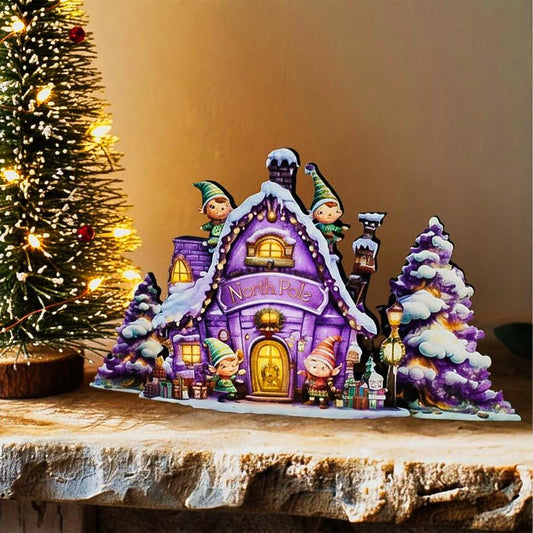 Personalized Purple North Pole Workshop Shelf Sitter: Wooden Christmas Village Decor