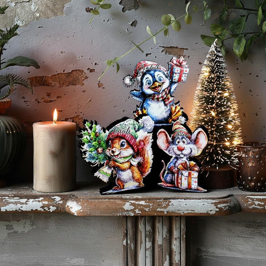 Personalized Christmas Shelf Sitters - Squirrel, Penguin, Mouse Set
