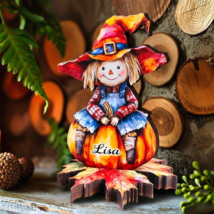 Personalized Fall Scarecrow Shelf Sitter – Solid Pine Wood, Autumn Decor