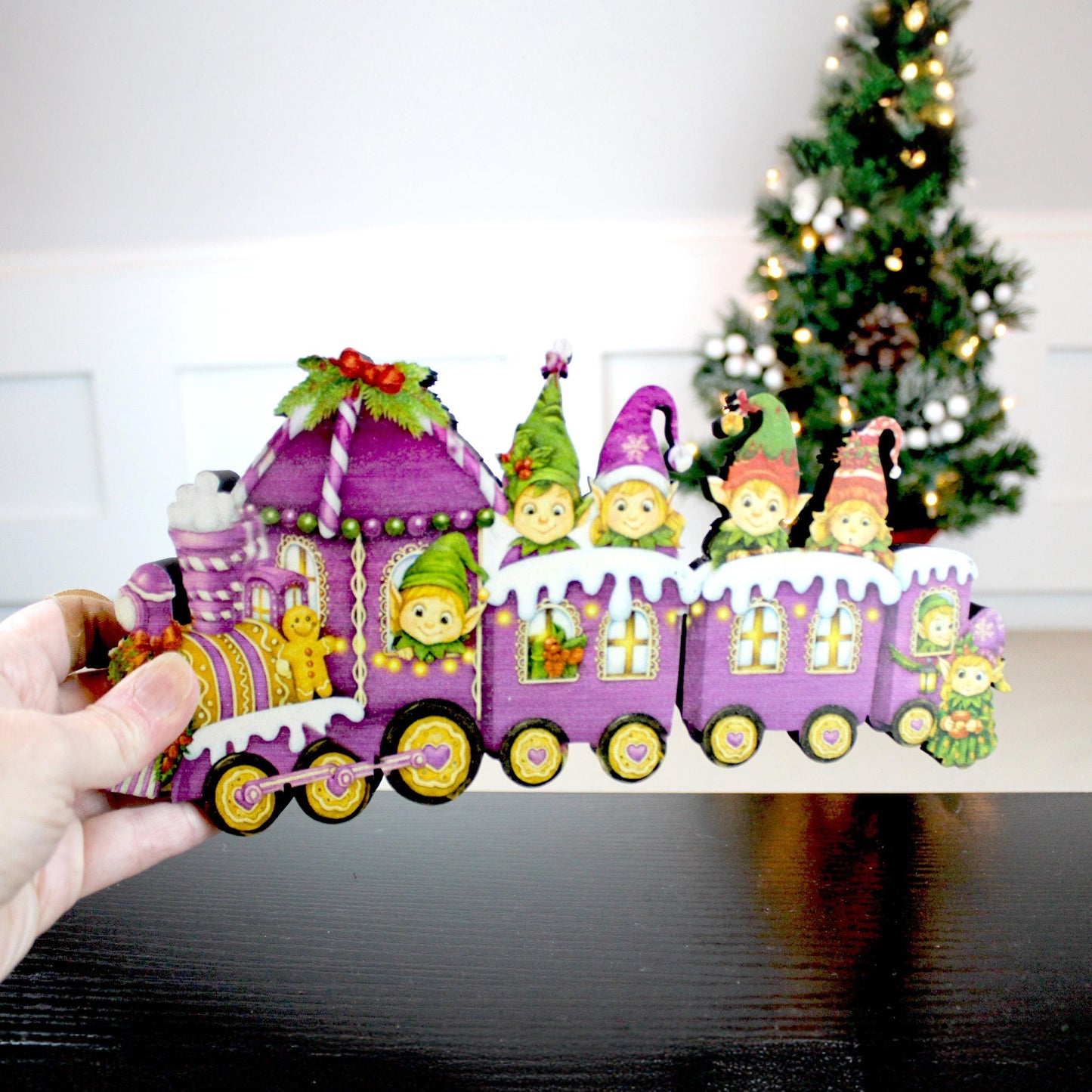 Christmas Elf Train Shelf Sitter – Elves & Gingerbread, Personalized Wooden Mantel Decor