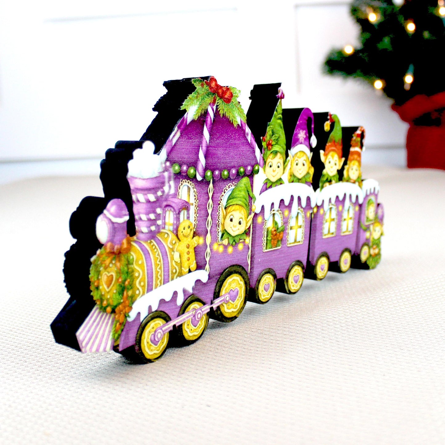 Christmas Elf Train Shelf Sitter – Elves & Gingerbread, Personalized Wooden Mantel Decor