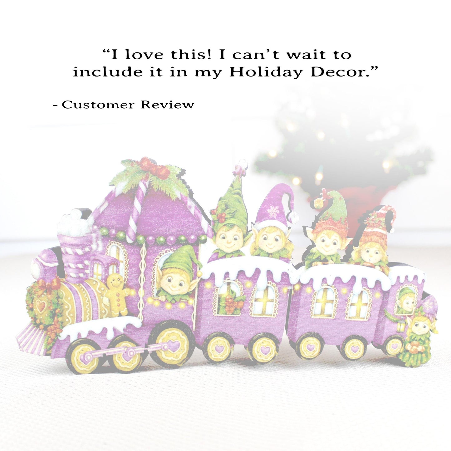 Christmas Elf Train Shelf Sitter – Elves & Gingerbread, Personalized Wooden Mantel Decor