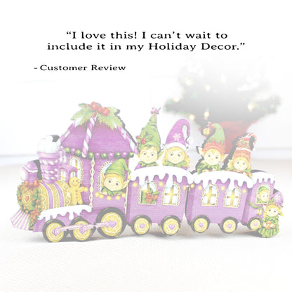 Christmas Elf Train Shelf Sitter – Elves & Gingerbread, Personalized Wooden Mantel Decor