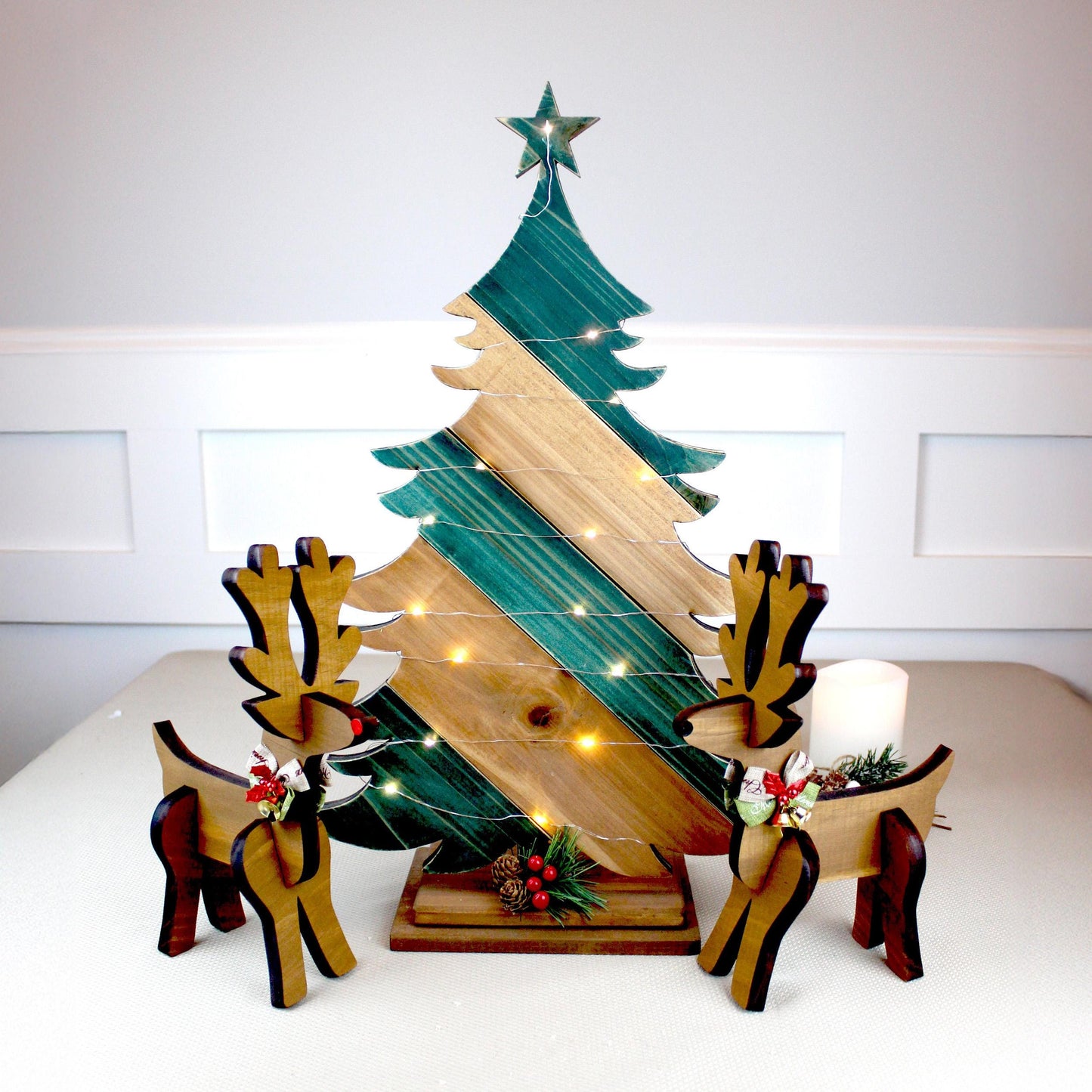 Rustic Green & Brown Cedar Christmas Tree – Personalized Farmhouse Tabletop Decor with Optional Fairy Lights & Reindeer