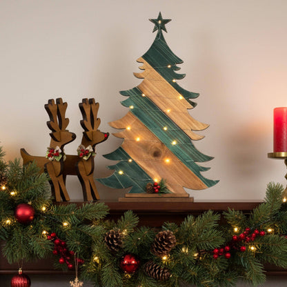 Rustic Green & Brown Cedar Christmas Tree – Personalized Farmhouse Tabletop Decor with Optional Fairy Lights & Reindeer