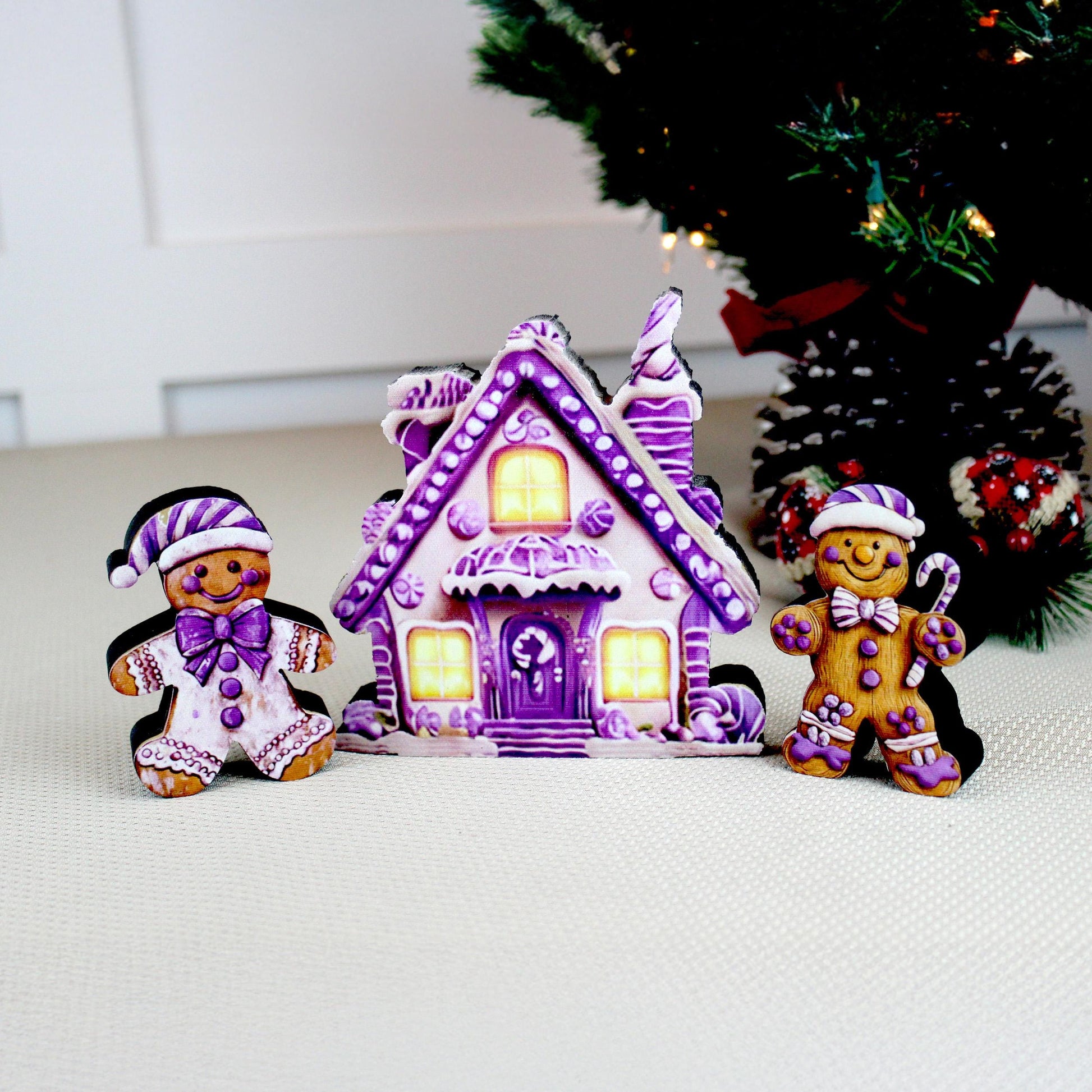 Personalized Purple Gingerbread House Shelf Sitters, Christmas Tiered Tray Decor