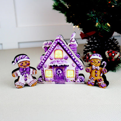 Personalized Purple Gingerbread House Shelf Sitters, Christmas Tiered Tray Decor
