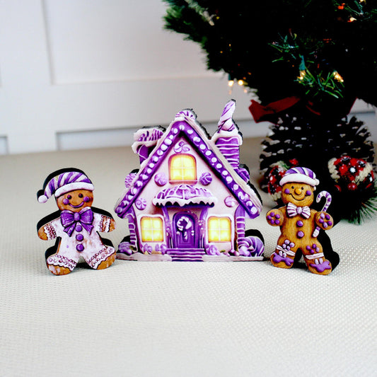 Personalized Purple Gingerbread House Shelf Sitters, Christmas Tiered Tray Decor