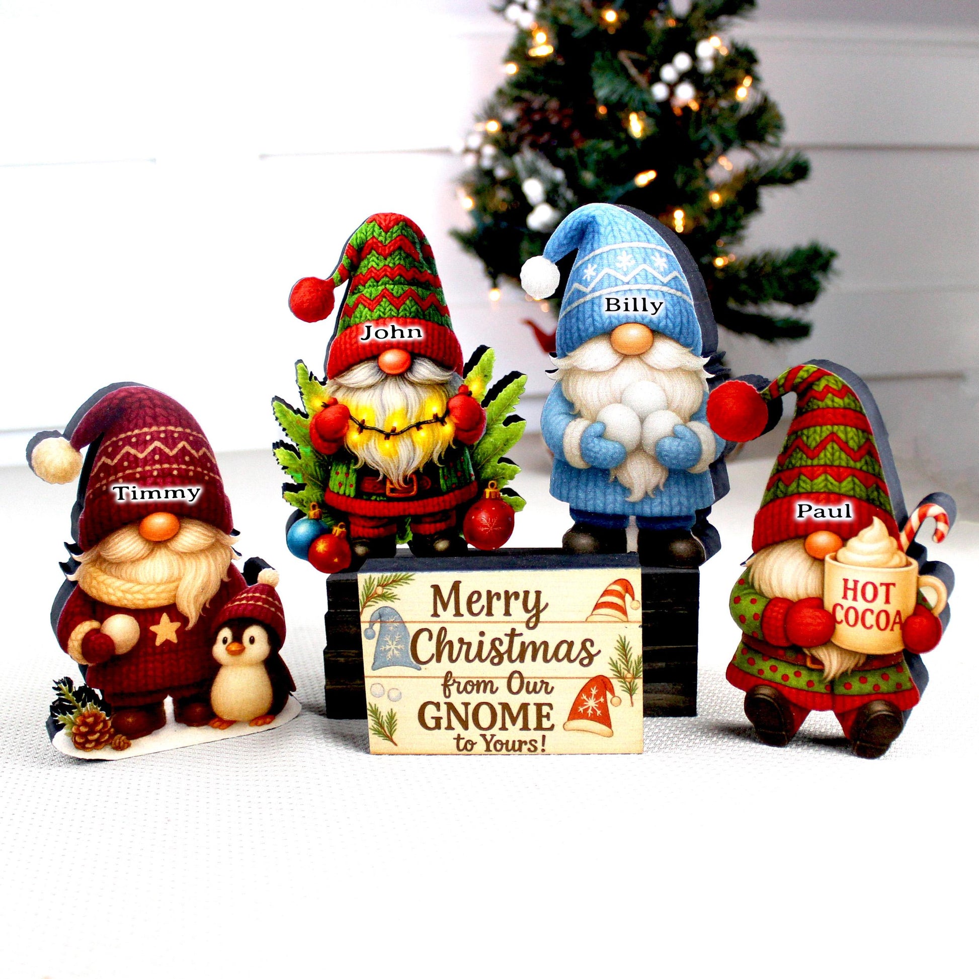 Christmas Gnome Shelf Sitters – Set of 4 Gnomes + Merry Sign, Personalized Wooden Mantel & Tiered Tray Decor