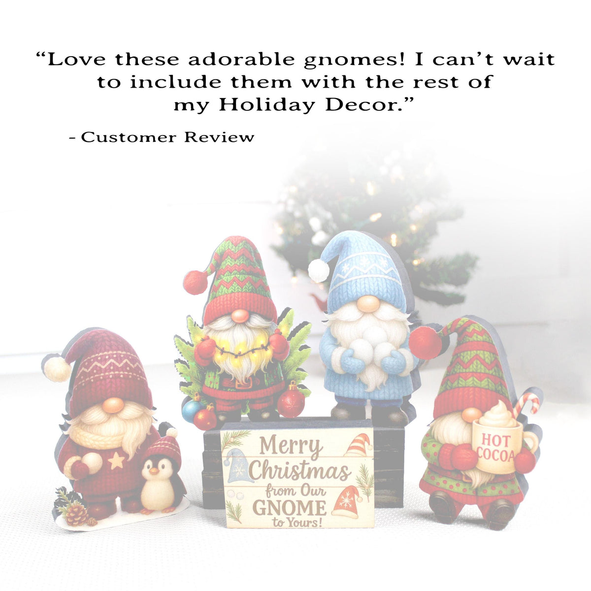 Christmas Gnome Shelf Sitters – Set of 4 Gnomes + Merry Sign, Personalized Wooden Mantel & Tiered Tray Decor