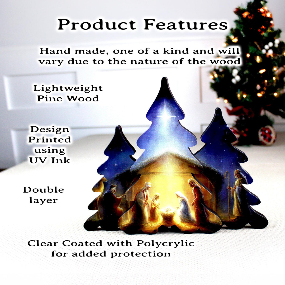 Nativity Scene Shelf Sitter – Personalized Wooden Manger Display, Christmas Mantel Decor
