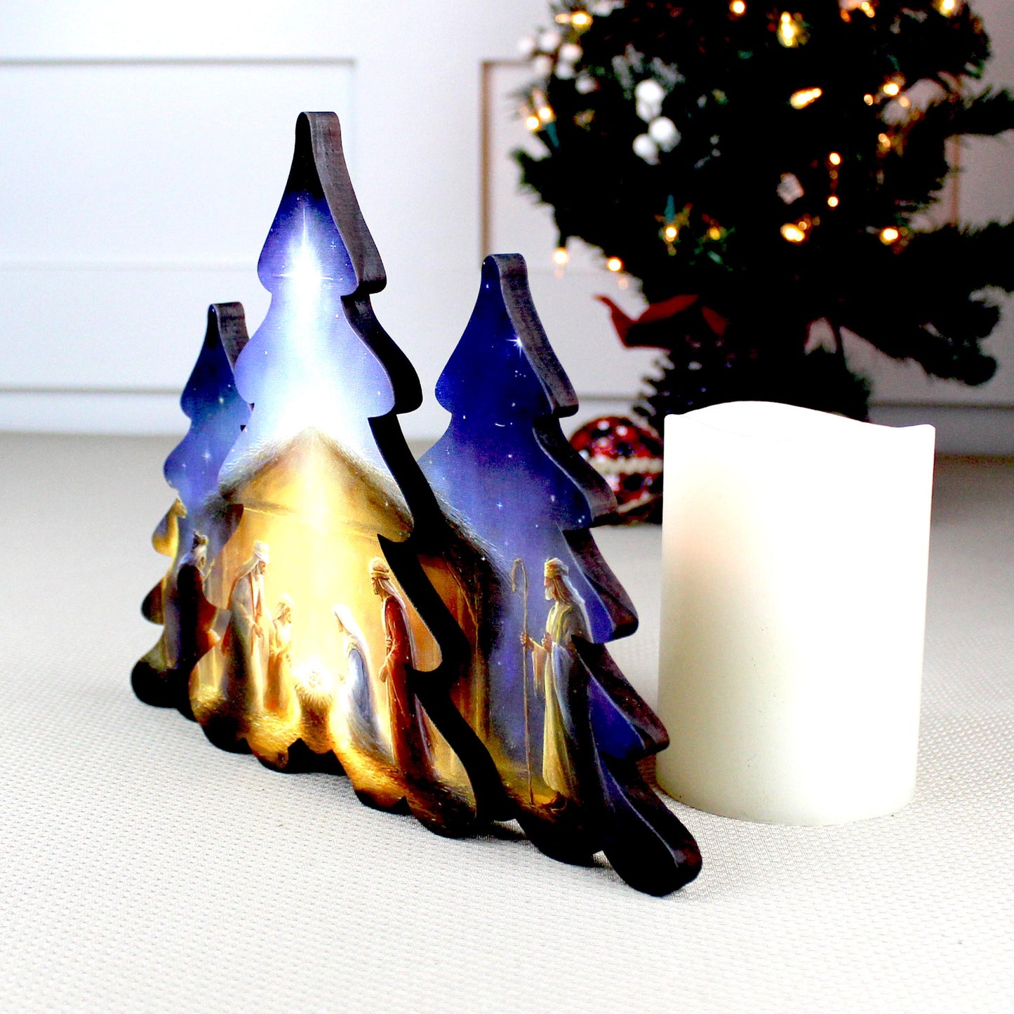 Nativity Scene Shelf Sitter – Personalized Wooden Manger Display, Christmas Mantel Decor