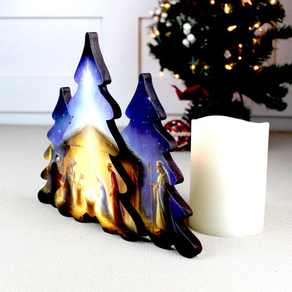 Nativity Scene Shelf Sitter – Personalized Wooden Manger Display, Christmas Mantel Decor