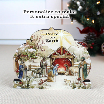 Nativity Scene Shelf Sitter – Personalized Wooden Manger Painting, Christmas Mantel Decor