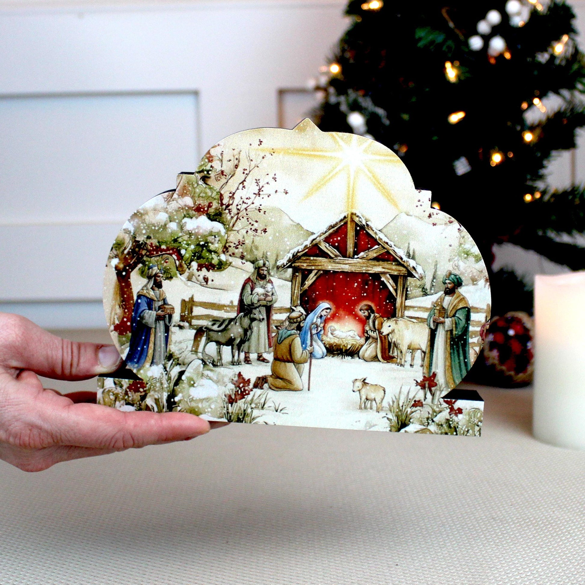 Nativity Scene Shelf Sitter – Personalized Wooden Manger Painting, Christmas Mantel Decor