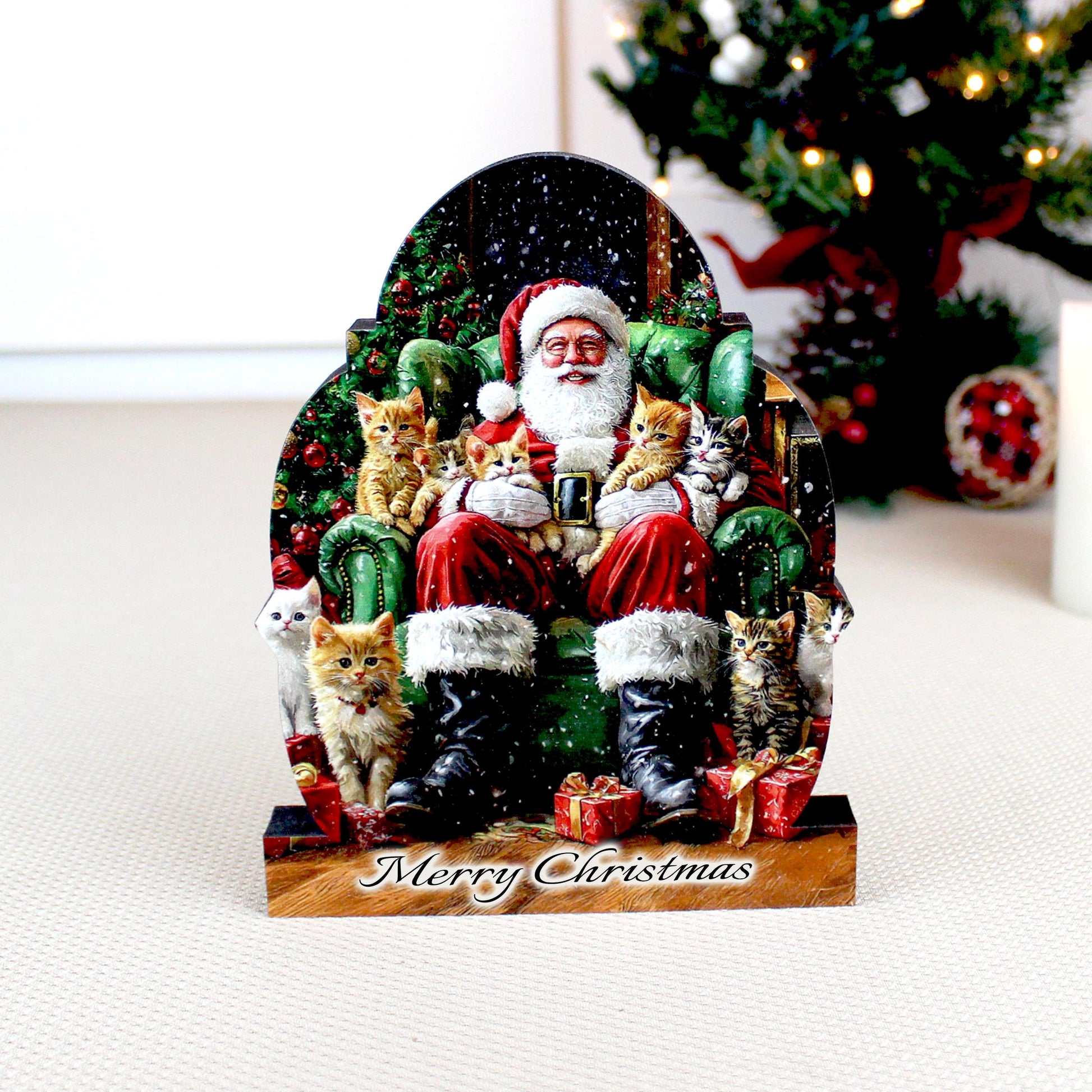 Cat-Loving Santa Shelf Sitter – Personalized Wooden Christmas Decor, 3 Designs – Wooden Mantel Decorations