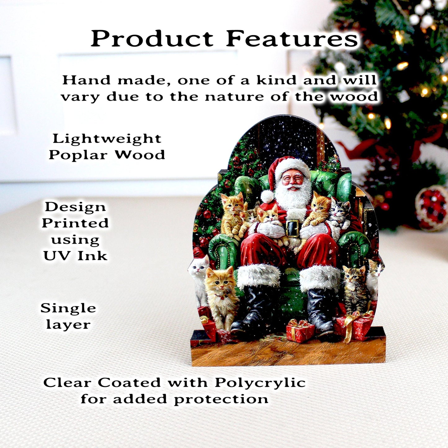 Cat-Loving Santa Shelf Sitter – Personalized Wooden Christmas Decor, 3 Designs – Wooden Mantel Decorations