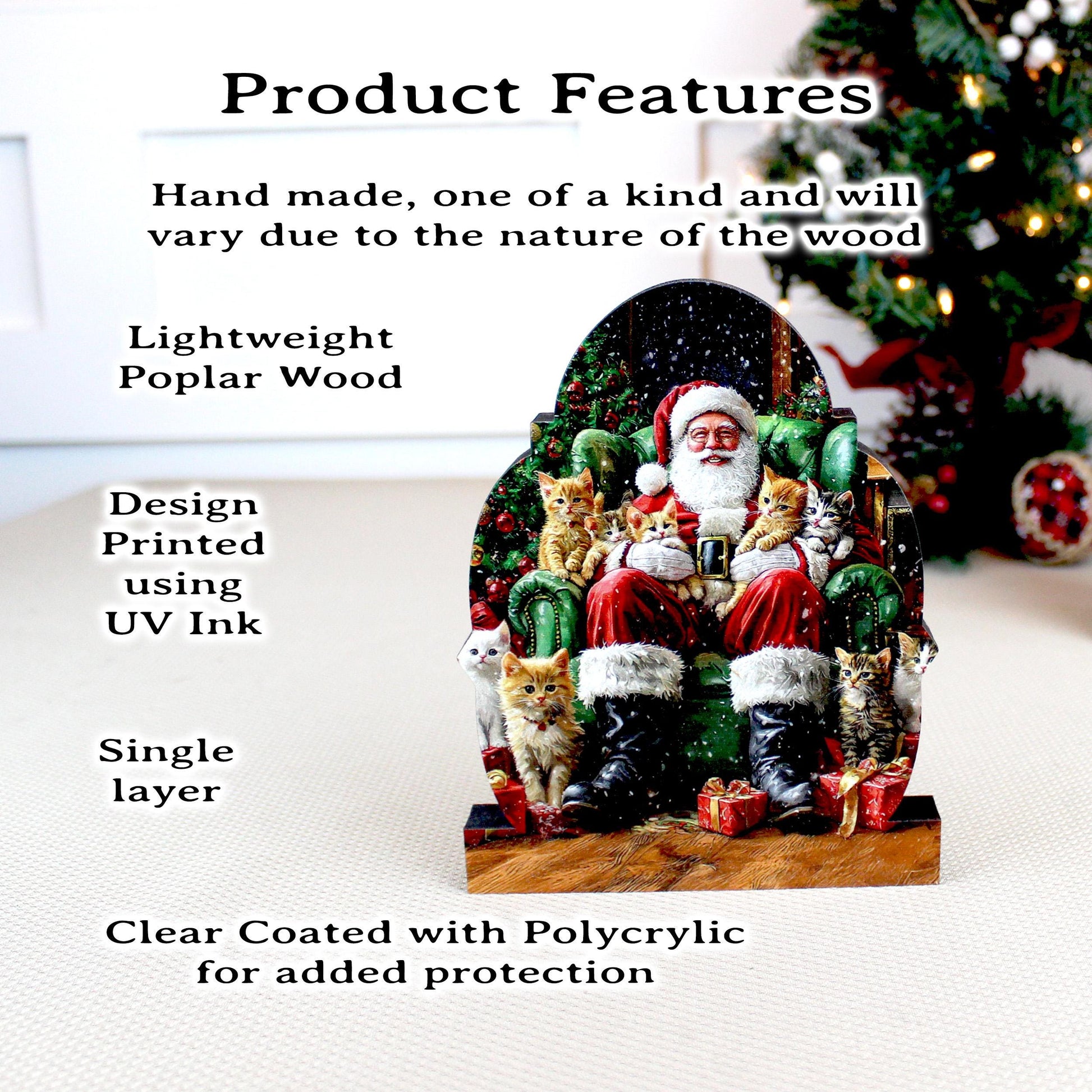 Cat-Loving Santa Shelf Sitter – Personalized Wooden Christmas Decor, 3 Designs – Wooden Mantel Decorations