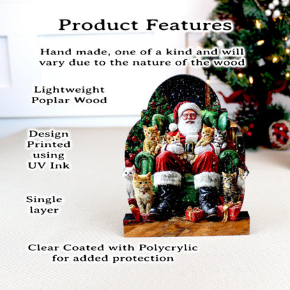 Cat-Loving Santa Shelf Sitter – Personalized Wooden Christmas Decor, 3 Designs – Wooden Mantel Decorations