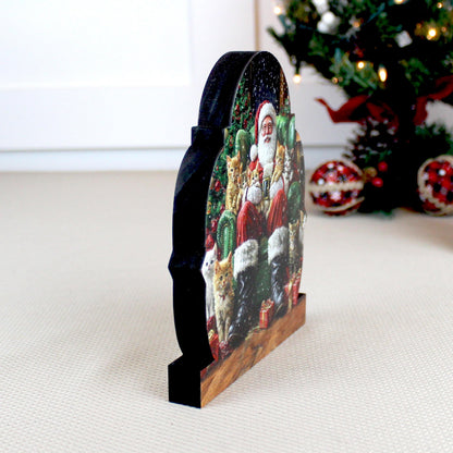 Cat-Loving Santa Shelf Sitter – Personalized Wooden Christmas Decor, 3 Designs – Wooden Mantel Decorations
