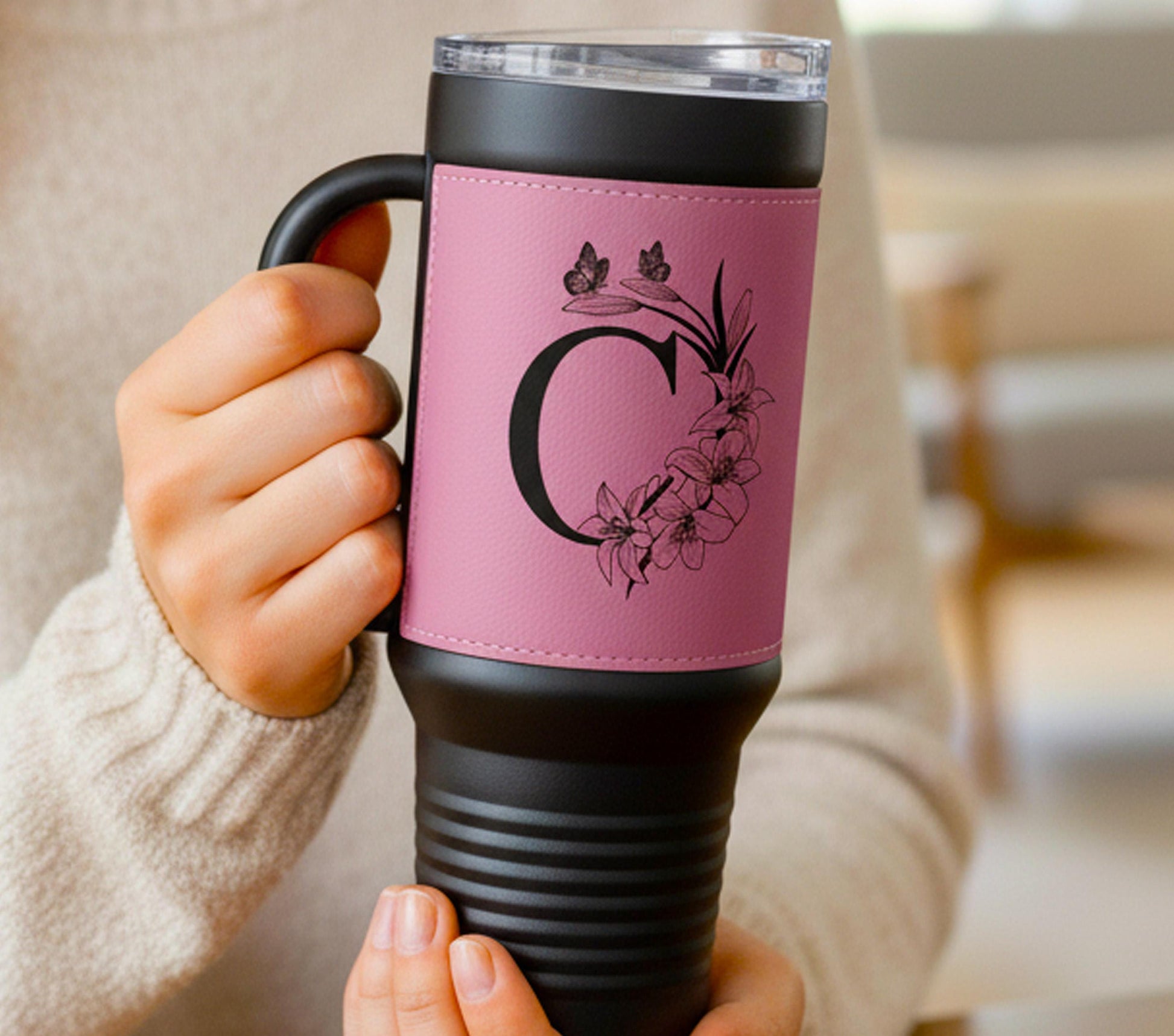 40 oz Engraved Floral Monogram Coffee Travel Mug, Personalized Leatherette Wrapped Tumbler, Custom Stainless Steel Mug With Handle & Straw