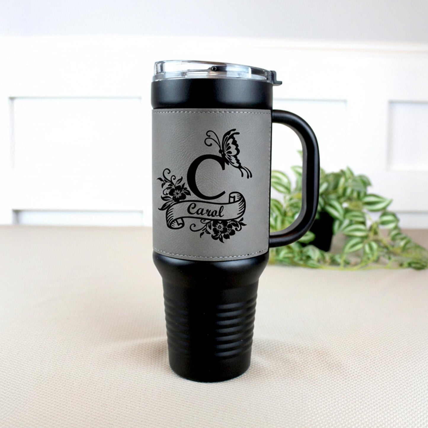 40 oz Engraved Floral Monogram Coffee Travel Mug, Personalized Leatherette Wrapped Tumbler, Custom Stainless Steel Mug With Handle & Straw