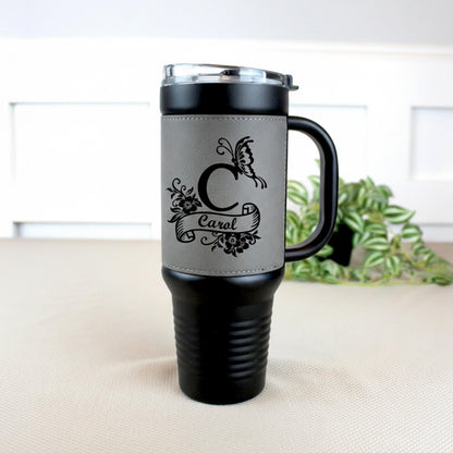 40 oz Engraved Floral Monogram Coffee Travel Mug, Personalized Leatherette Wrapped Tumbler, Custom Stainless Steel Mug With Handle & Straw