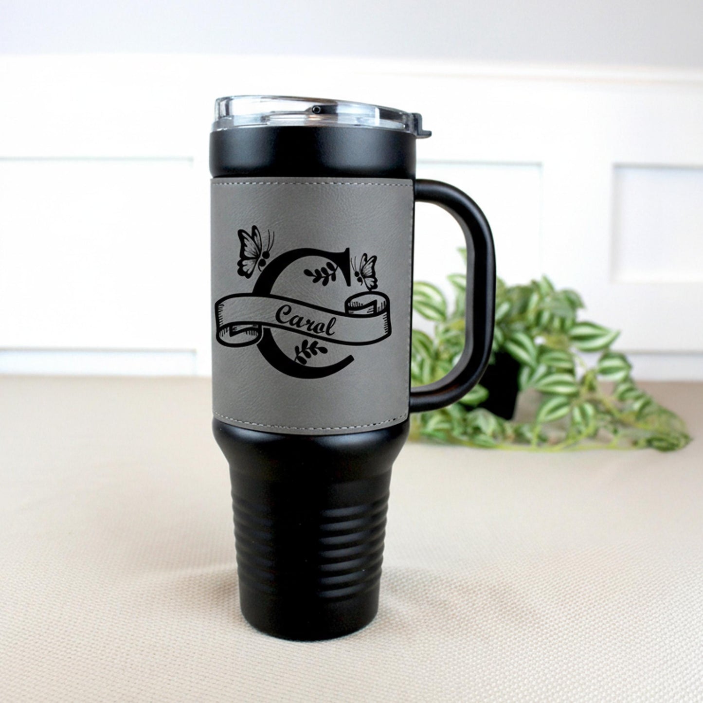 40 oz Engraved Floral Monogram Coffee Travel Mug, Personalized Leatherette Wrapped Tumbler, Custom Stainless Steel Mug With Handle & Straw