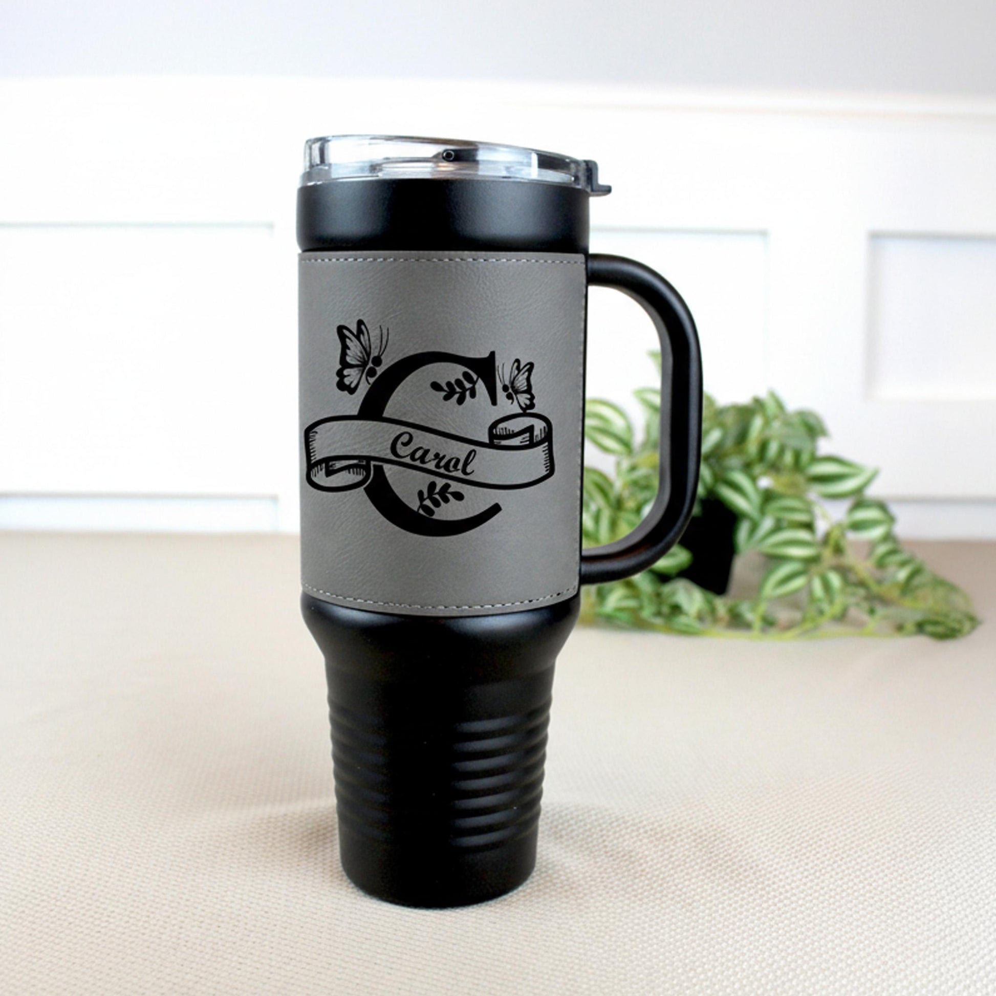 40 oz Engraved Floral Monogram Coffee Travel Mug, Personalized Leatherette Wrapped Tumbler, Custom Stainless Steel Mug With Handle & Straw