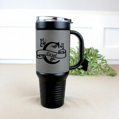 40 oz Engraved Floral Monogram Coffee Travel Mug, Personalized Leatherette Wrapped Tumbler, Custom Stainless Steel Mug With Handle & Straw