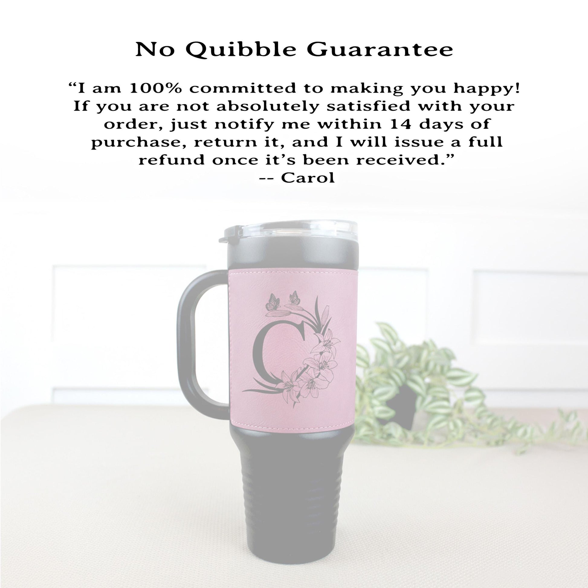 40 oz Engraved Floral Monogram Coffee Travel Mug, Personalized Leatherette Wrapped Tumbler, Custom Stainless Steel Mug With Handle & Straw