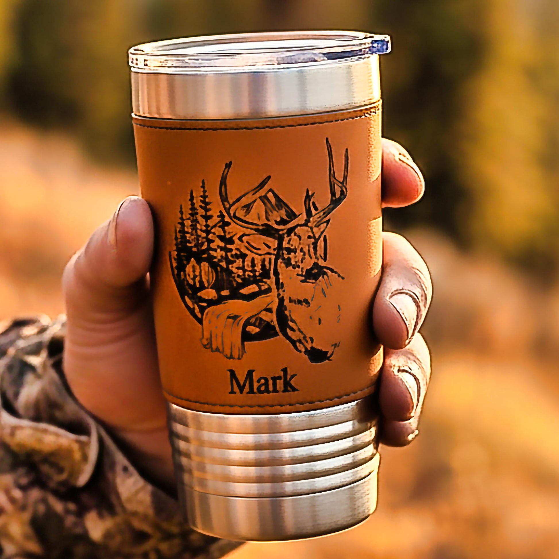 Engraved Deer in the Mountains or Deer Head on Leather wrapped travel mug, Deer Coffee Mug, Perfect Hunter Gift Father's Day Gift-1 Tumbler