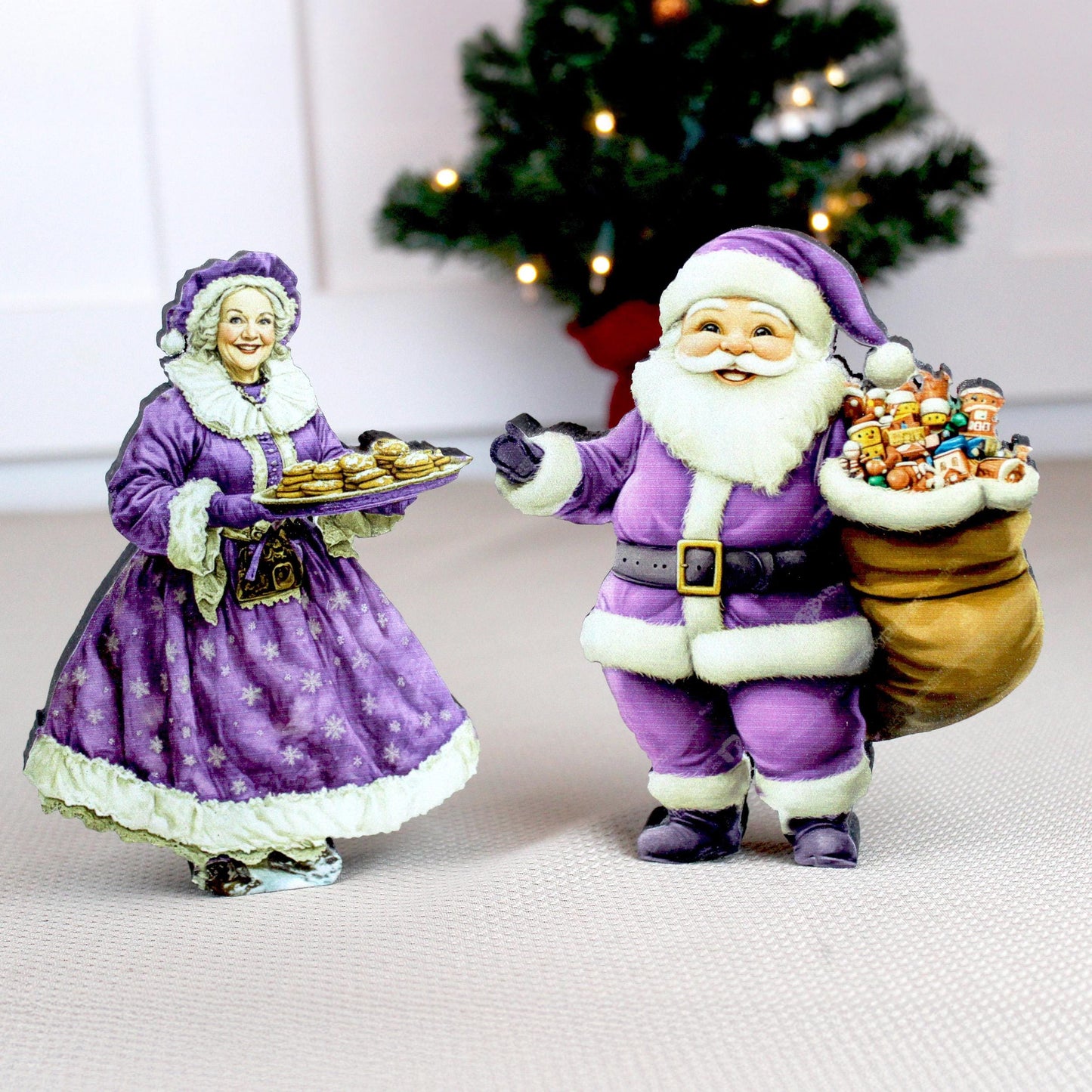 Santa & Mrs. Claus Shelf Sitters – UV Printed Christmas Decor using Poplar Wood - In Red or Purple