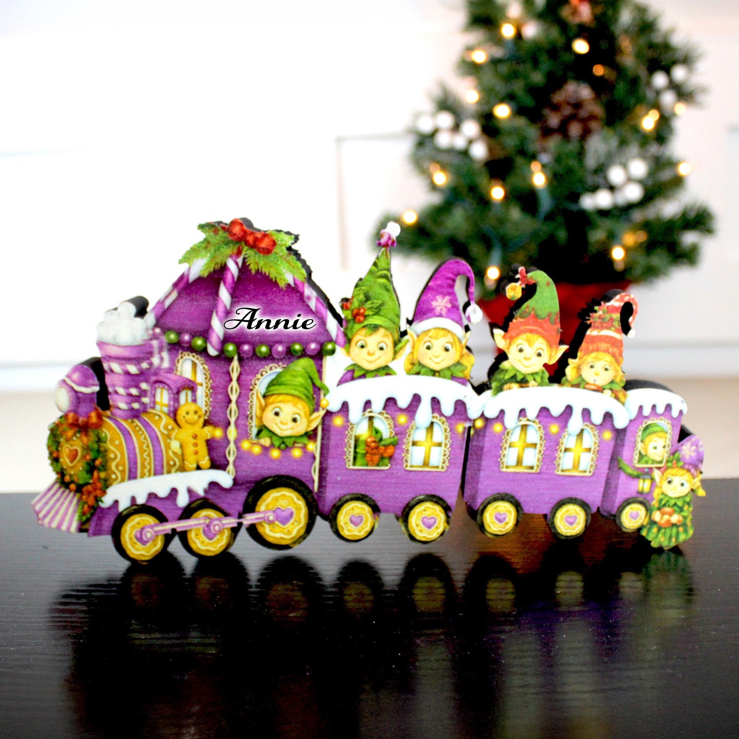 Christmas Elf Train Shelf Sitter – Elves & Gingerbread, Personalized Wooden Mantel Decor