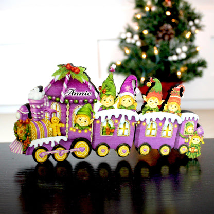 Christmas Elf Train Shelf Sitter – Elves & Gingerbread, Personalized Wooden Mantel Decor