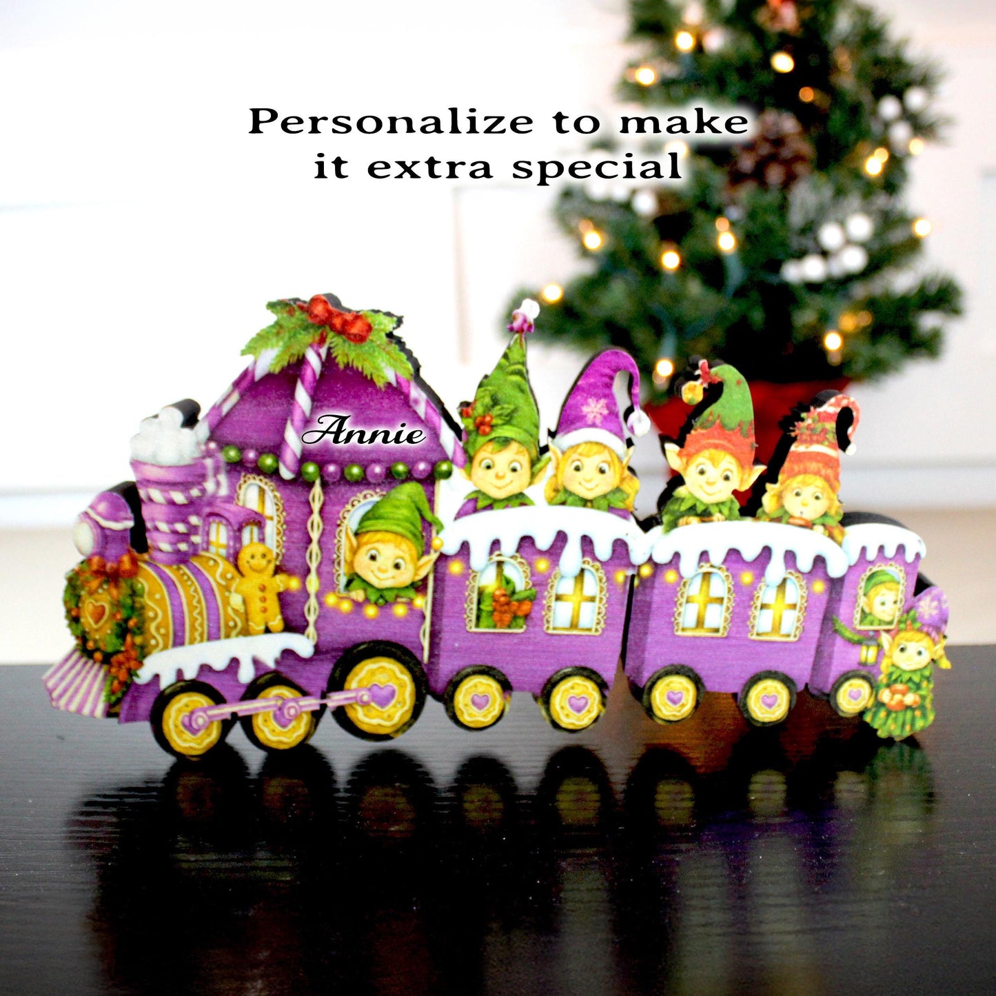 Christmas Elf Train Shelf Sitter – Elves & Gingerbread, Personalized Wooden Mantel Decor