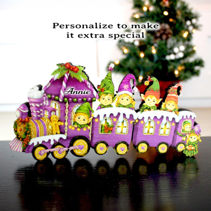 Christmas Elf Train Shelf Sitter – Elves & Gingerbread, Personalized Wooden Mantel Decor